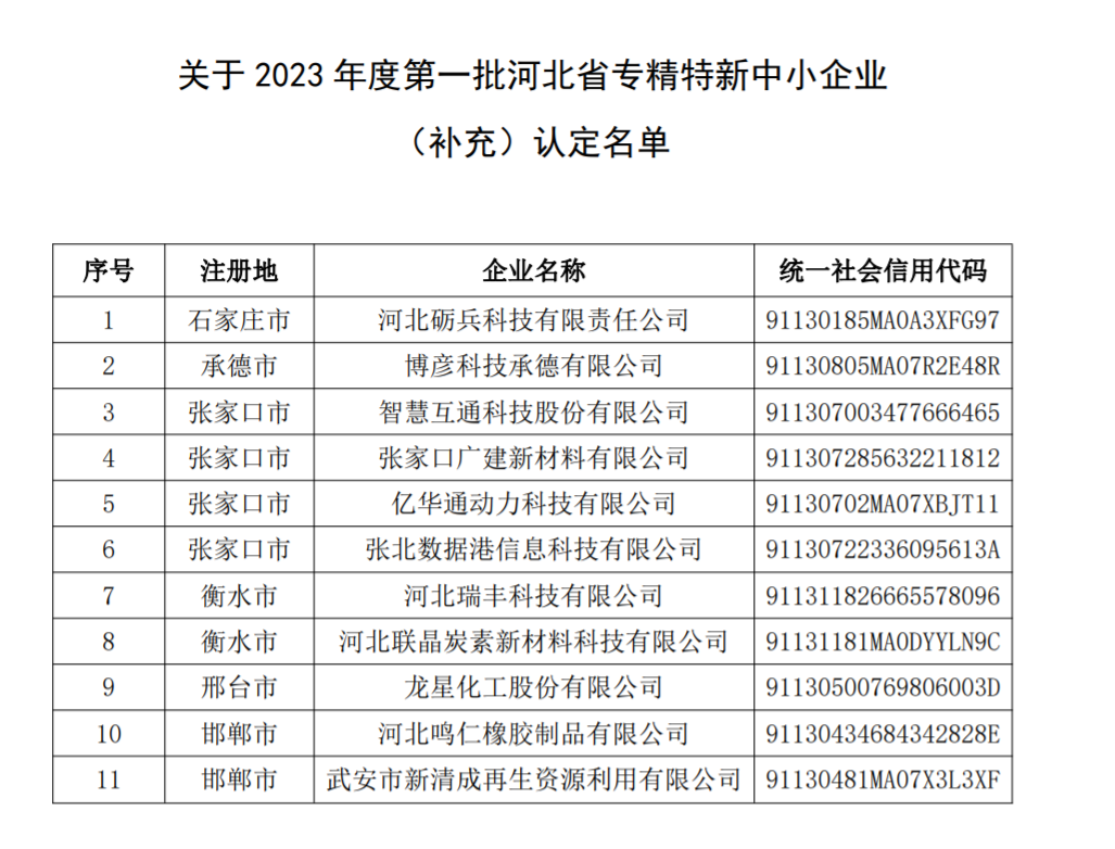 2023年度河北第一批专精特新中小企业认定名单（11家）